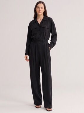 VINTAGE FIRST ISSUE 100% Silk Wide Leg Utility Jumpsuit